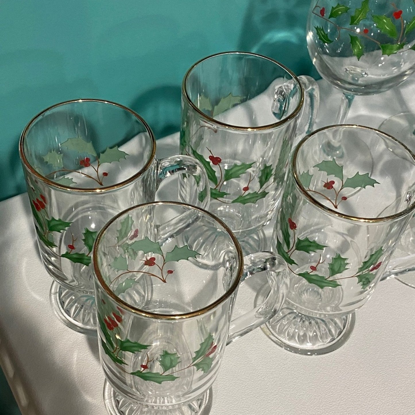 Vintage Lenox Holly and Gold Trim Glassware Collection 8 pieces