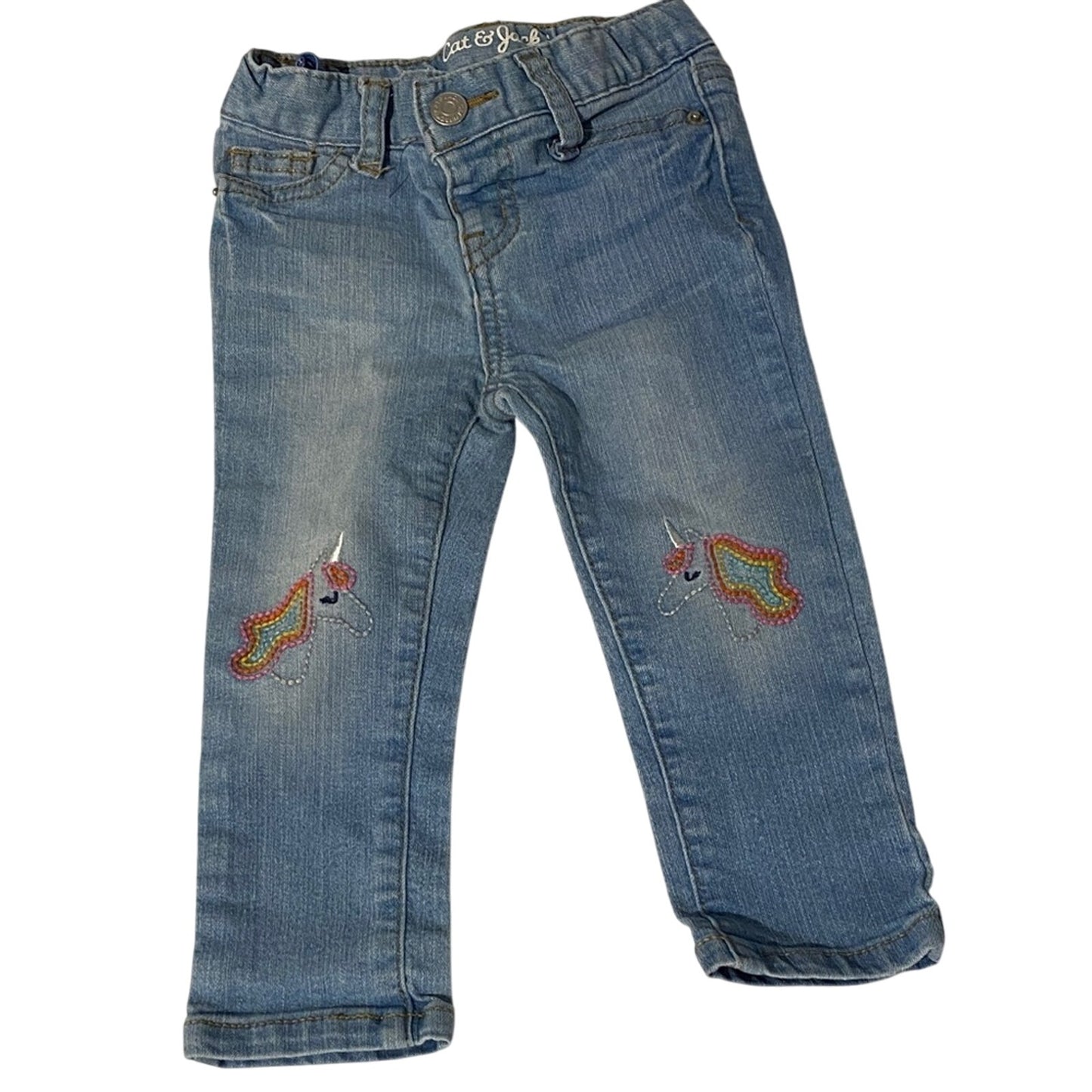 Cat & Jack Blue Jeans with Rainbow Unicorn Design 18 MOS