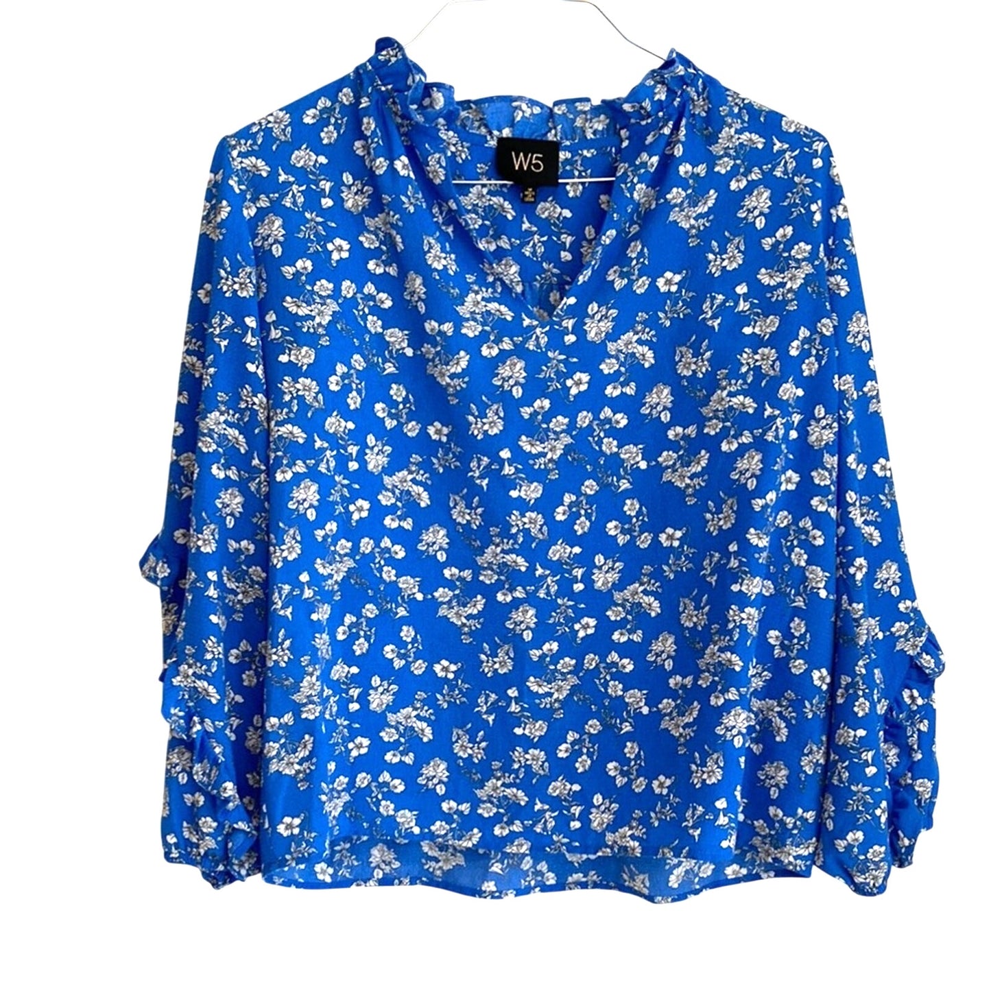 W5 Blue 3/4 Sleeve Boxy Blouse with Mandarin Collar Medium