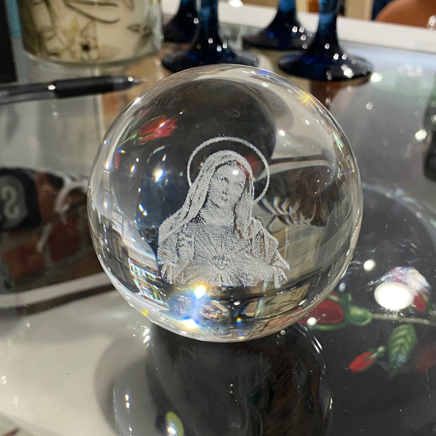 Divine Glass Sphere with Religious Etching