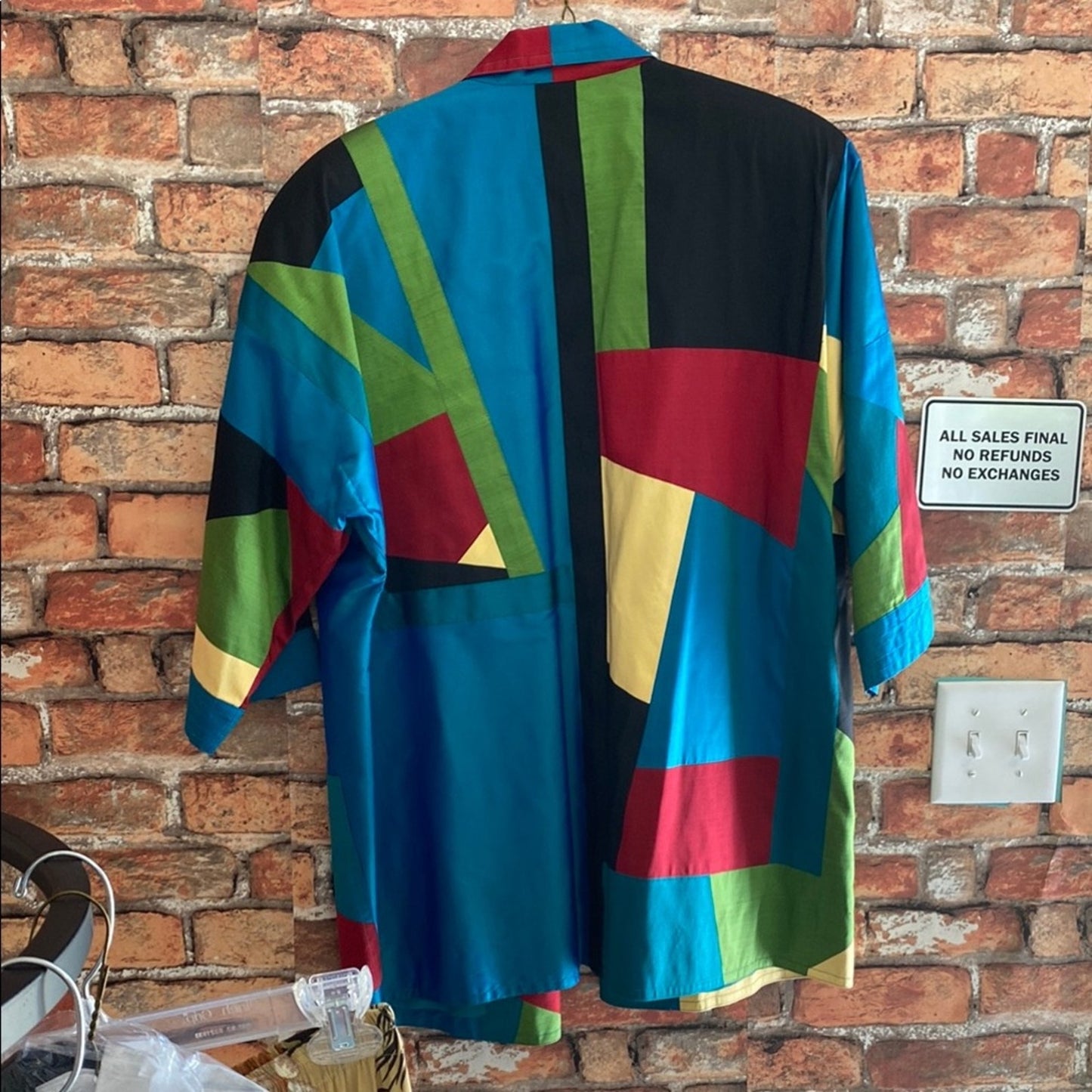 Blue and Red Casual Button Down Shirt with Geometric Pattern XL