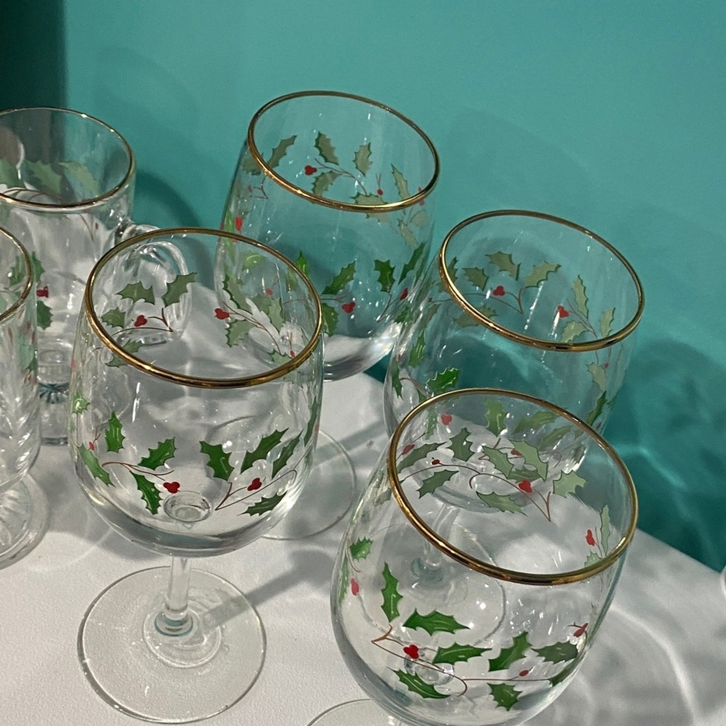 Vintage Lenox Holly and Gold Trim Glassware Collection 8 pieces