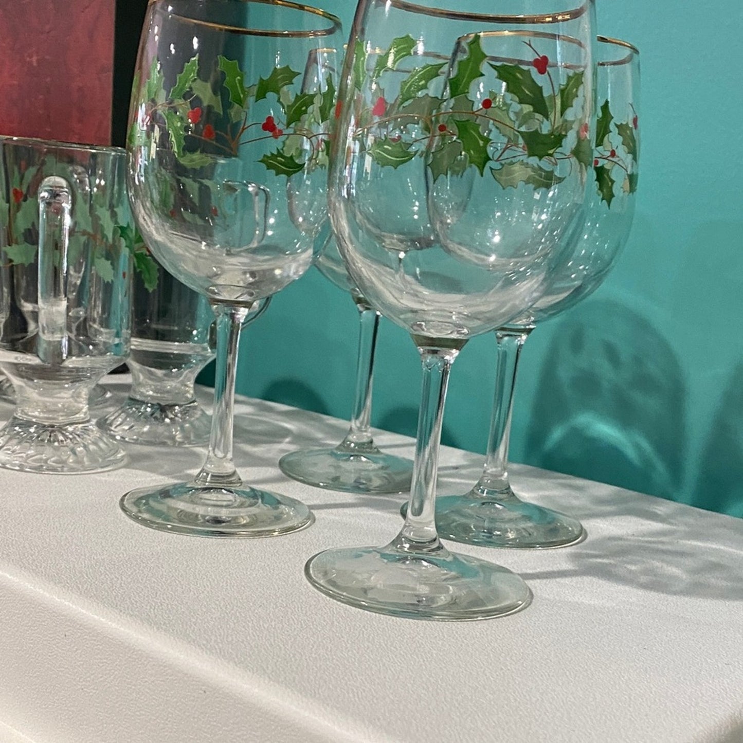 Vintage Lenox Holly and Gold Trim Glassware Collection 8 pieces