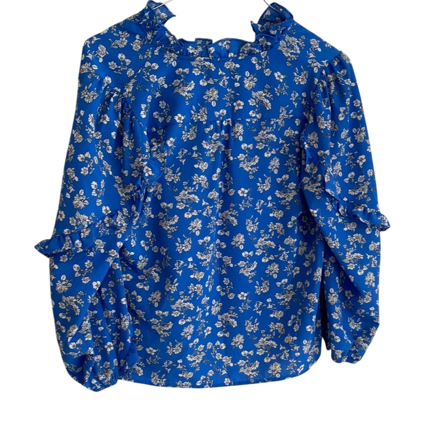 W5 Blue 3/4 Sleeve Boxy Blouse with Mandarin Collar Medium