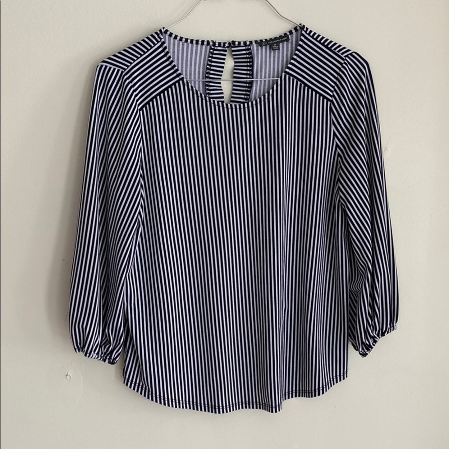 Adrianna Papell Blue and White Blouse with Bib Collar and 3/4 Sleeves