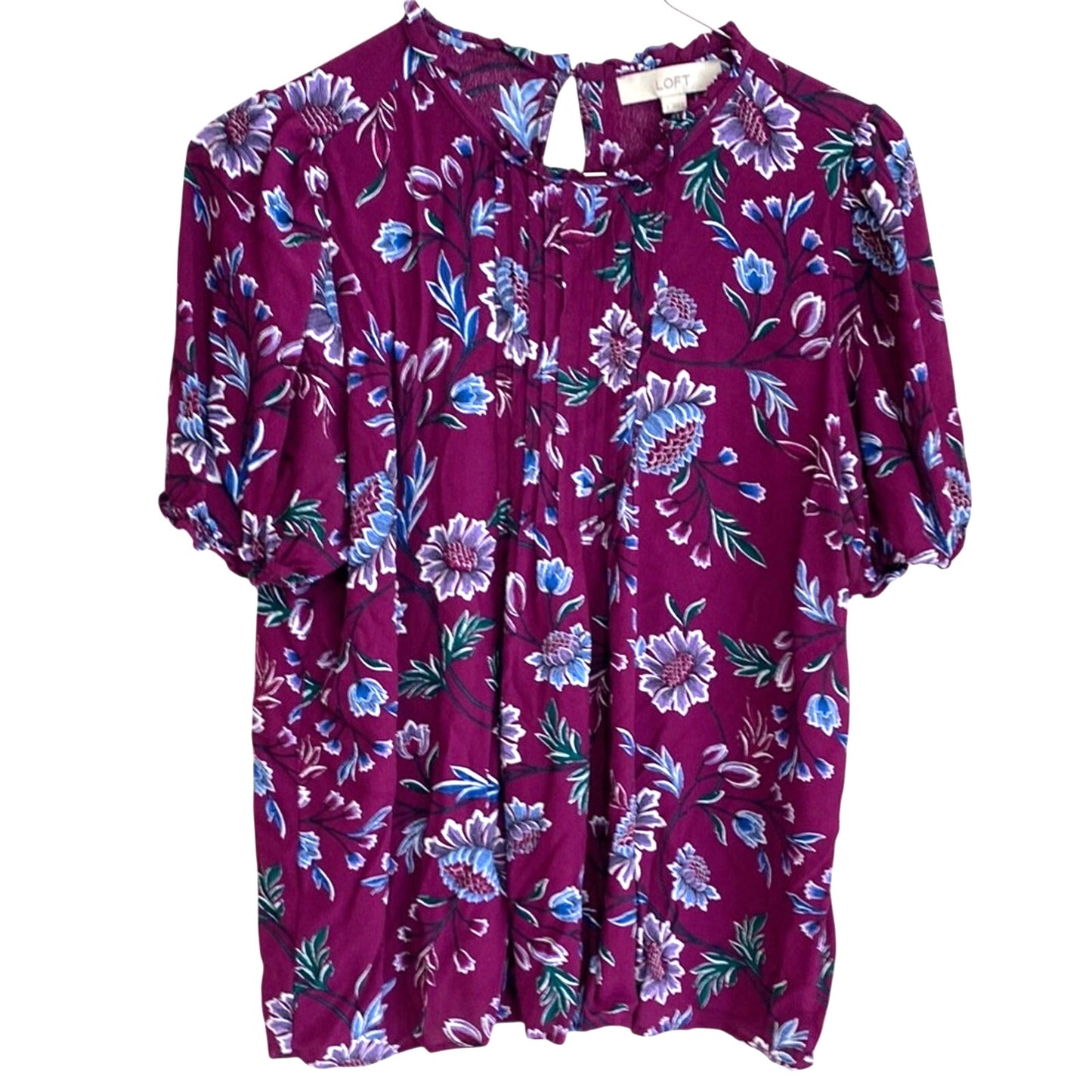 LOFT Red and Blue Pleated Short Sleeve Blouse Large