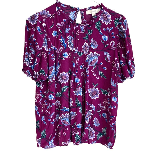 LOFT Red and Blue Pleated Short Sleeve Blouse Large