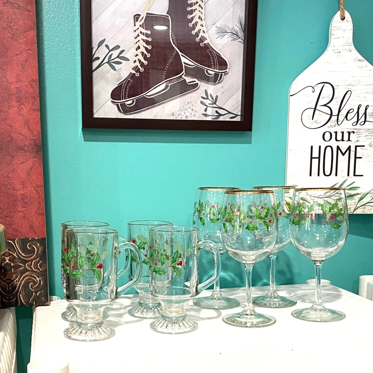 Vintage Lenox Holly and Gold Trim Glassware Collection 8 pieces