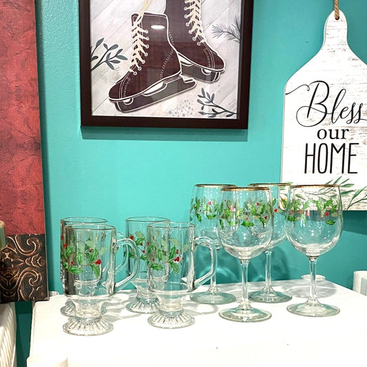 Vintage Lenox Holly and Gold Trim Glassware Collection 8 pieces