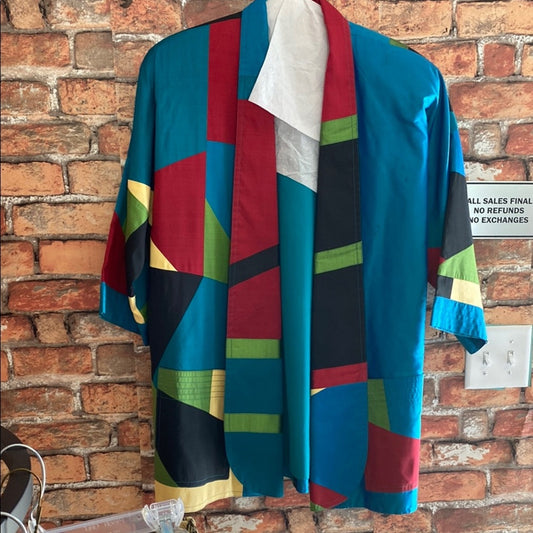 Blue and Red Casual Button Down Shirt with Geometric Pattern XL