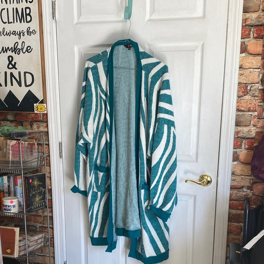 Chic Teal and White Striped Women's Long Cardigan